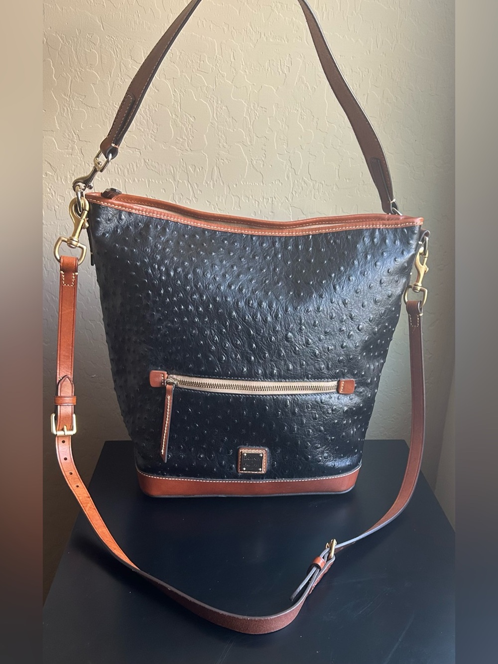 Large Dooney & Bourke Hobo Bag in Black Ostrich Leather